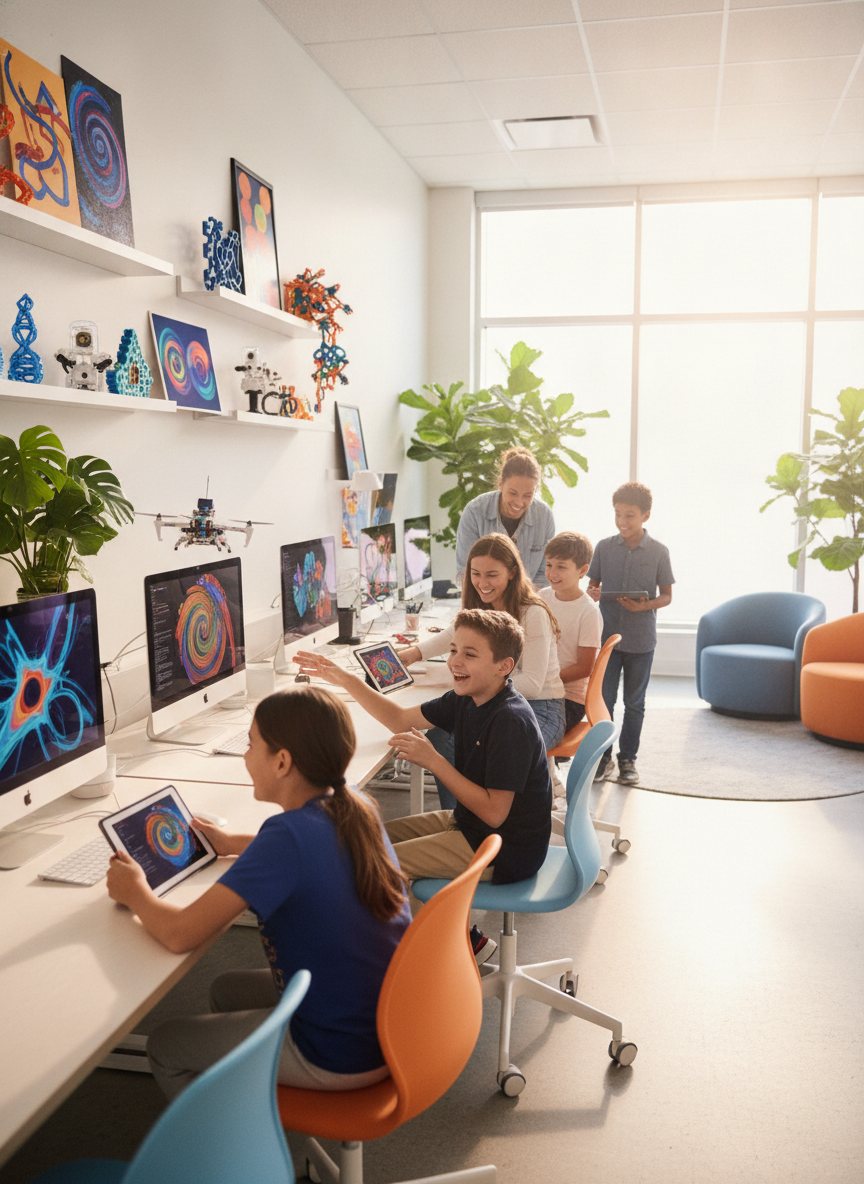 The bright, modern HiAbility studio with workstations and student projects on display.