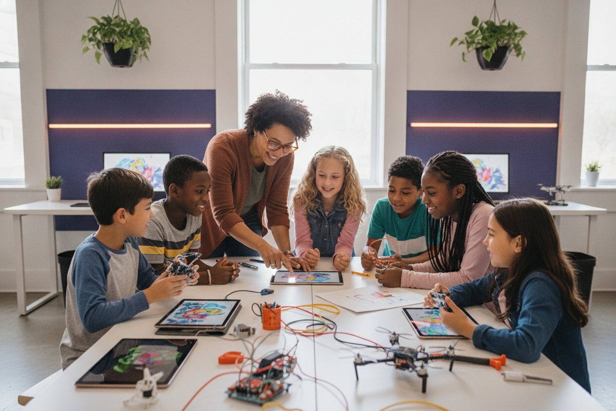 A HiAbility mentor working alongside students at a studio table.